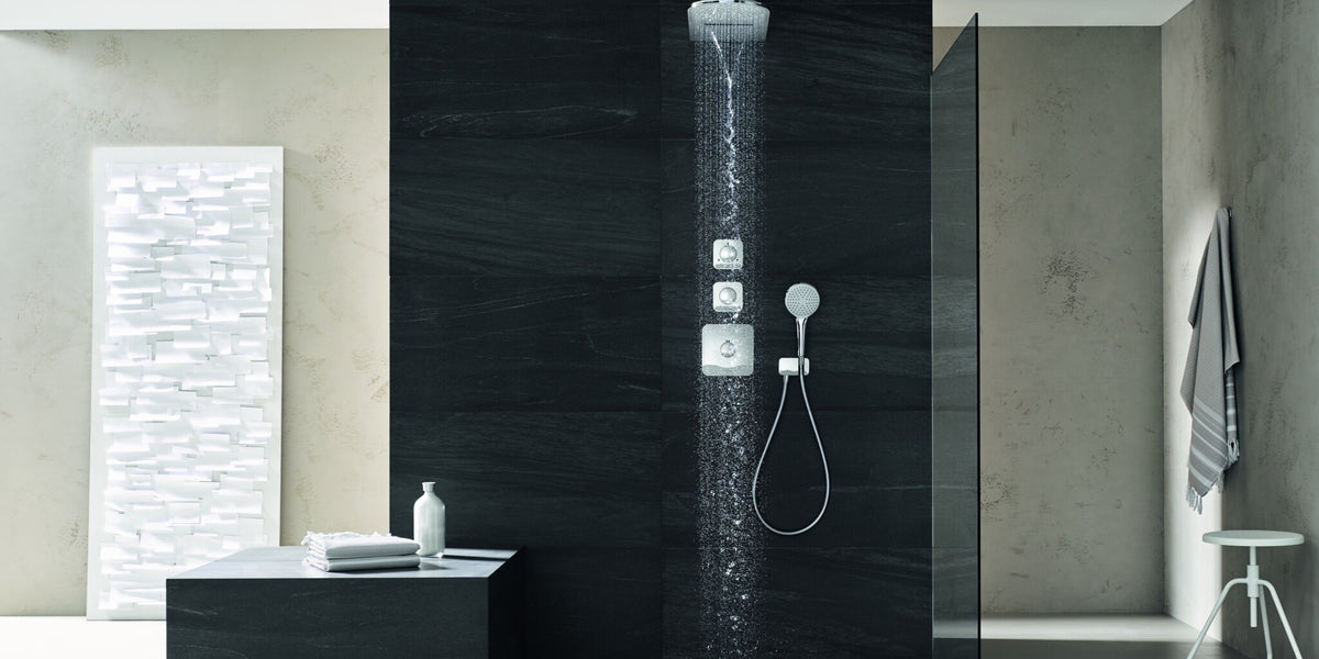 Walk-in shower on a dark slate wall with a concealed thermostat and hand shower