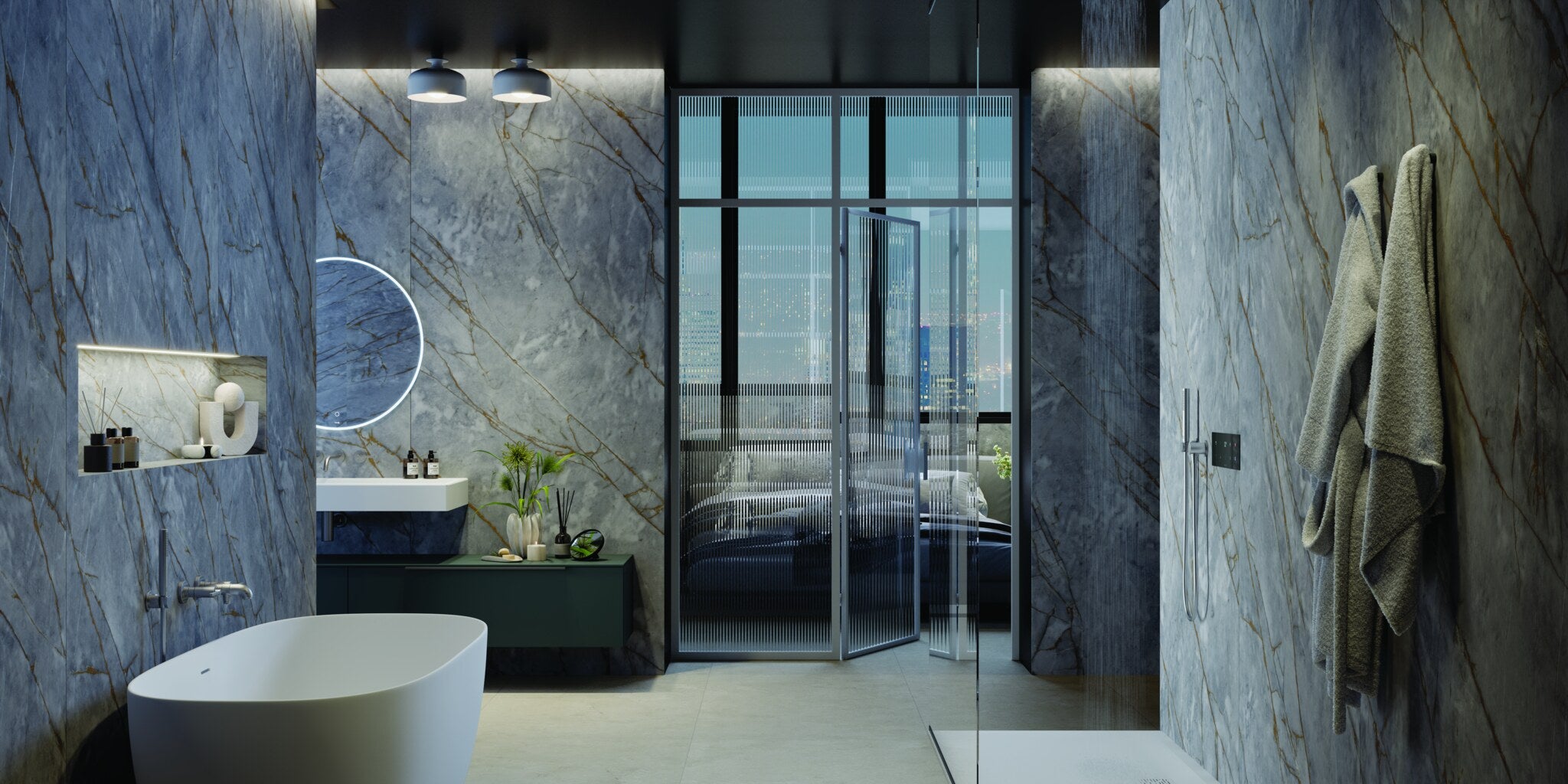 Marble spa bathroom with a freestanding bath, a walk-in shower and a sea view