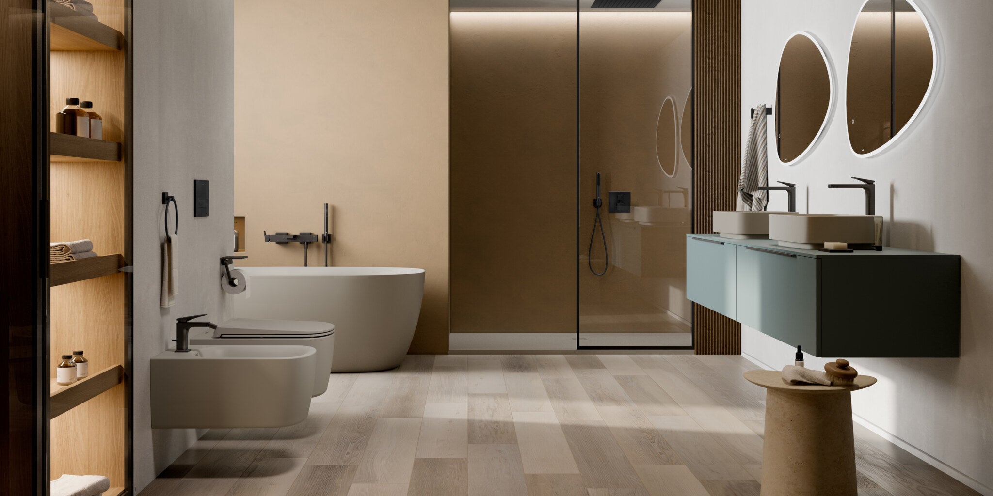 Warm bathroom in oak and stone with a freestanding bath, walk-in shower and double vanity
