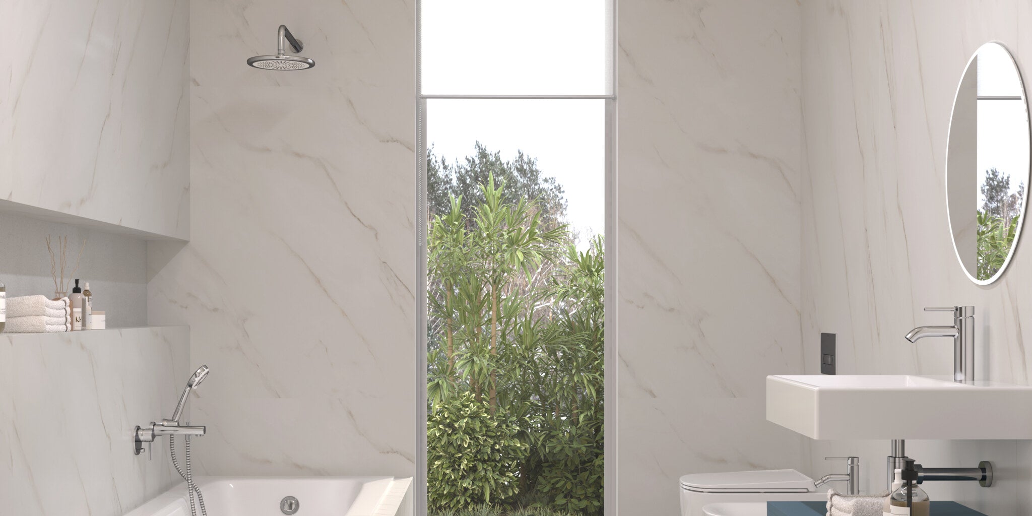 Marble bathroom with a basin mixer, a bath and a planted window