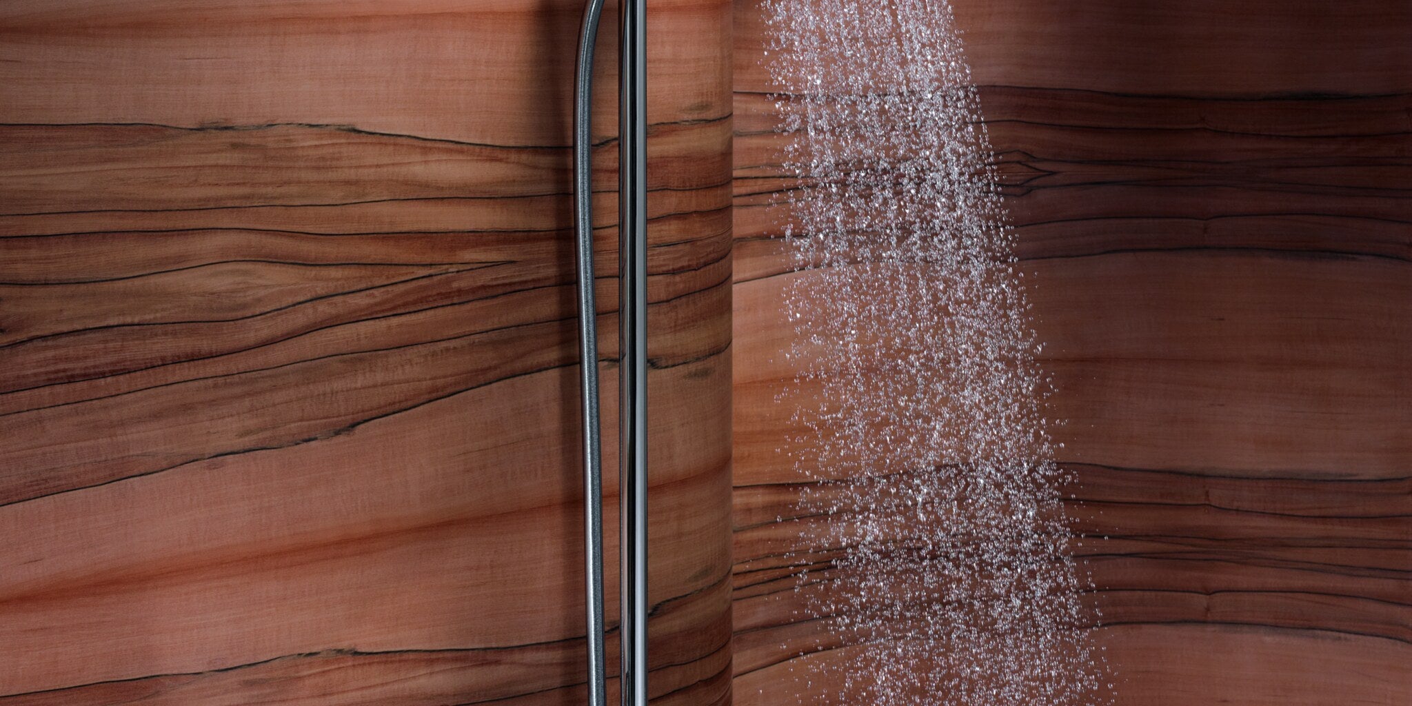 Hand shower running on a rail against a wood-grain shower wall