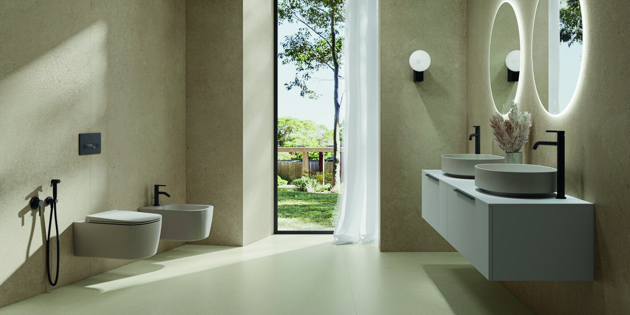 Bathroom with a wall-hung WC and bidet, a vanity and a tall garden window
