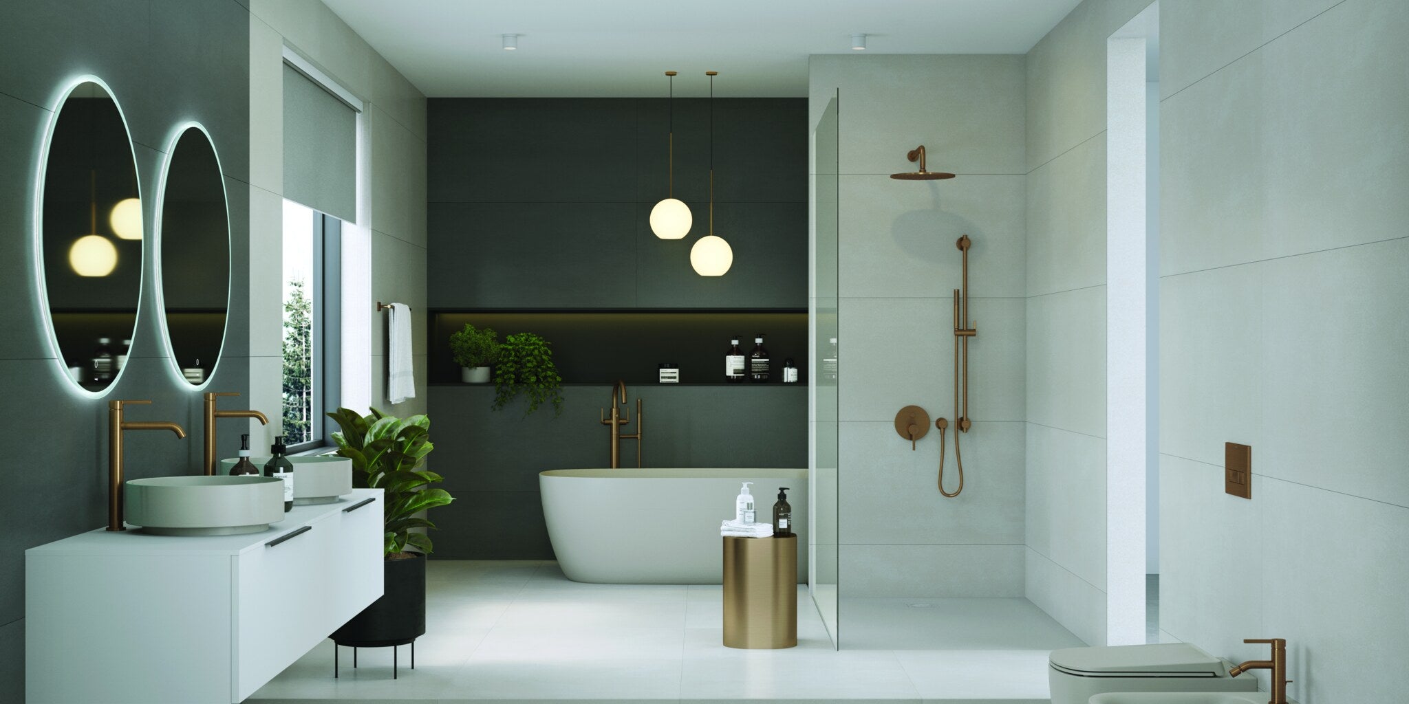 Green bathroom with a double vanity, freestanding bath and walk-in shower in brushed bronze