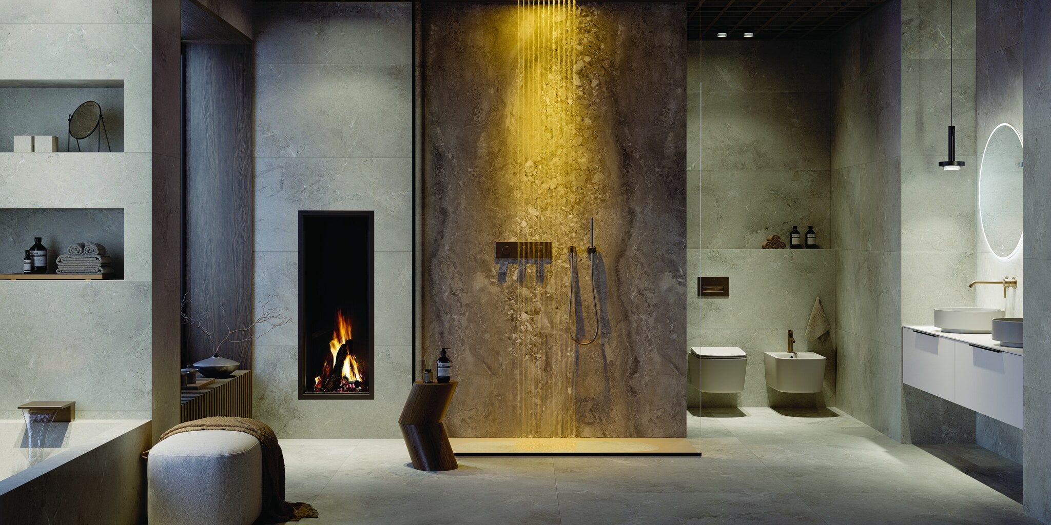 Spa bathroom with a fireplace, a lit onyx shower wall and electronic controls in brushed bronze