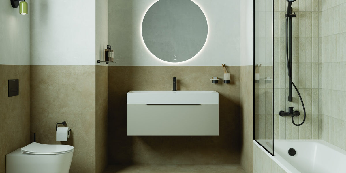 Stone bathroom with a wall-hung WC, a long vanity and a bath with a shower